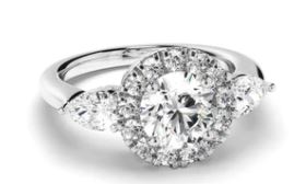 Round Brilliant Cut Diamond Halo Engagement Ring with Pear Sides