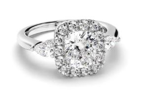 Cushion Cut Diamond Halo Engagement Ring with Pear Sides