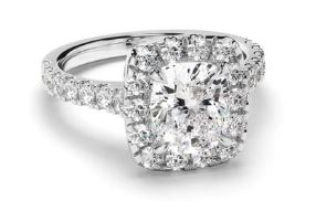 Cushion Cut Diamond Halo Engagement Ring with Diamond Sides