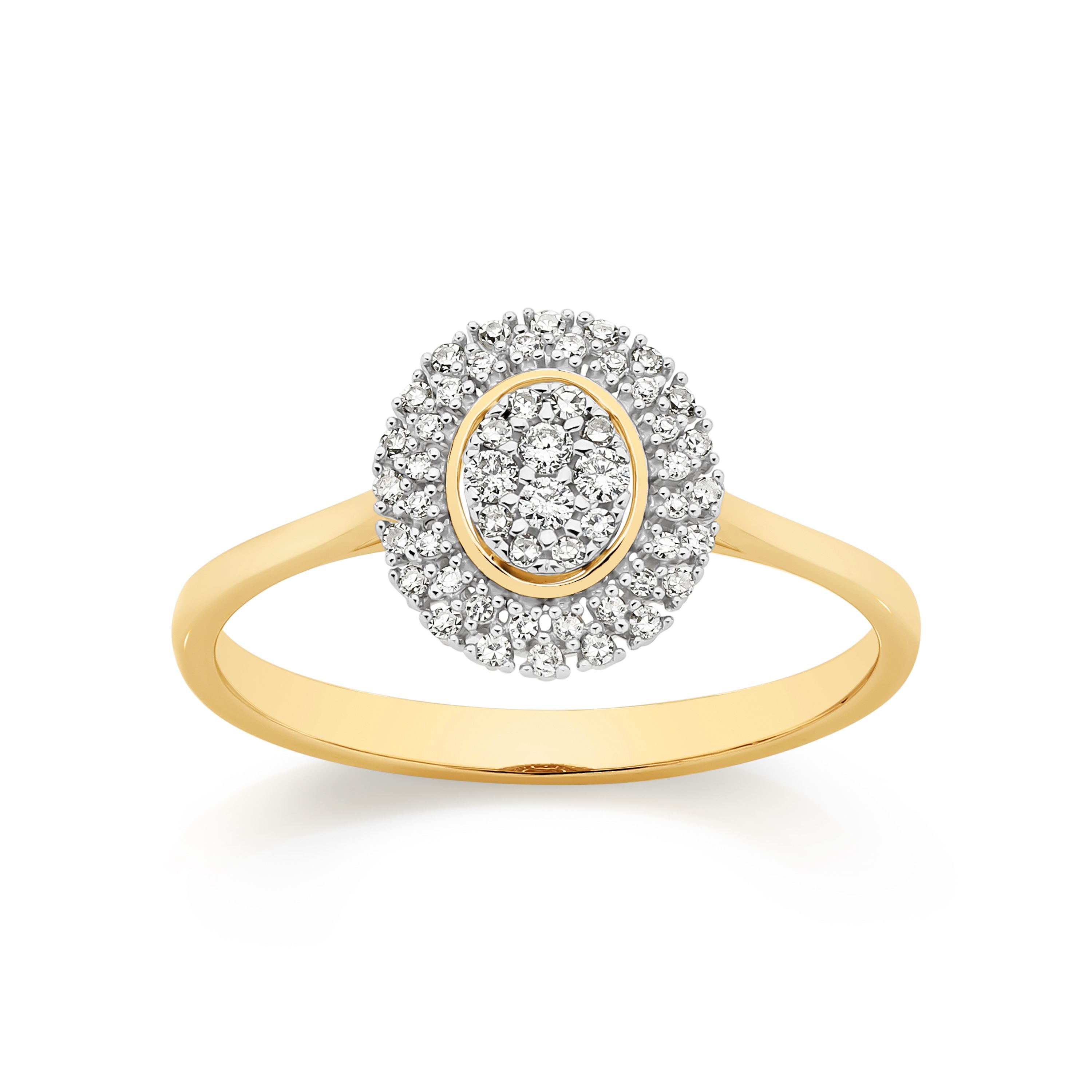 9ct Yellow Gold Oval Double Halo Diamond Ring 0.15ct
