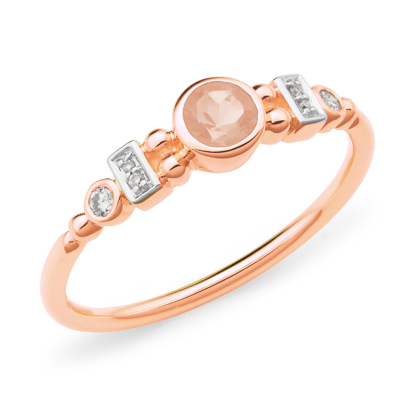 9ct Rose Gold Bezel/Bead Set Morganite & Diamond Dress Ring