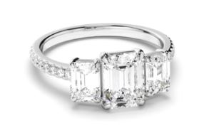 Emerald Cut Diamond Trilogy Engagement Ring with Pave Sides