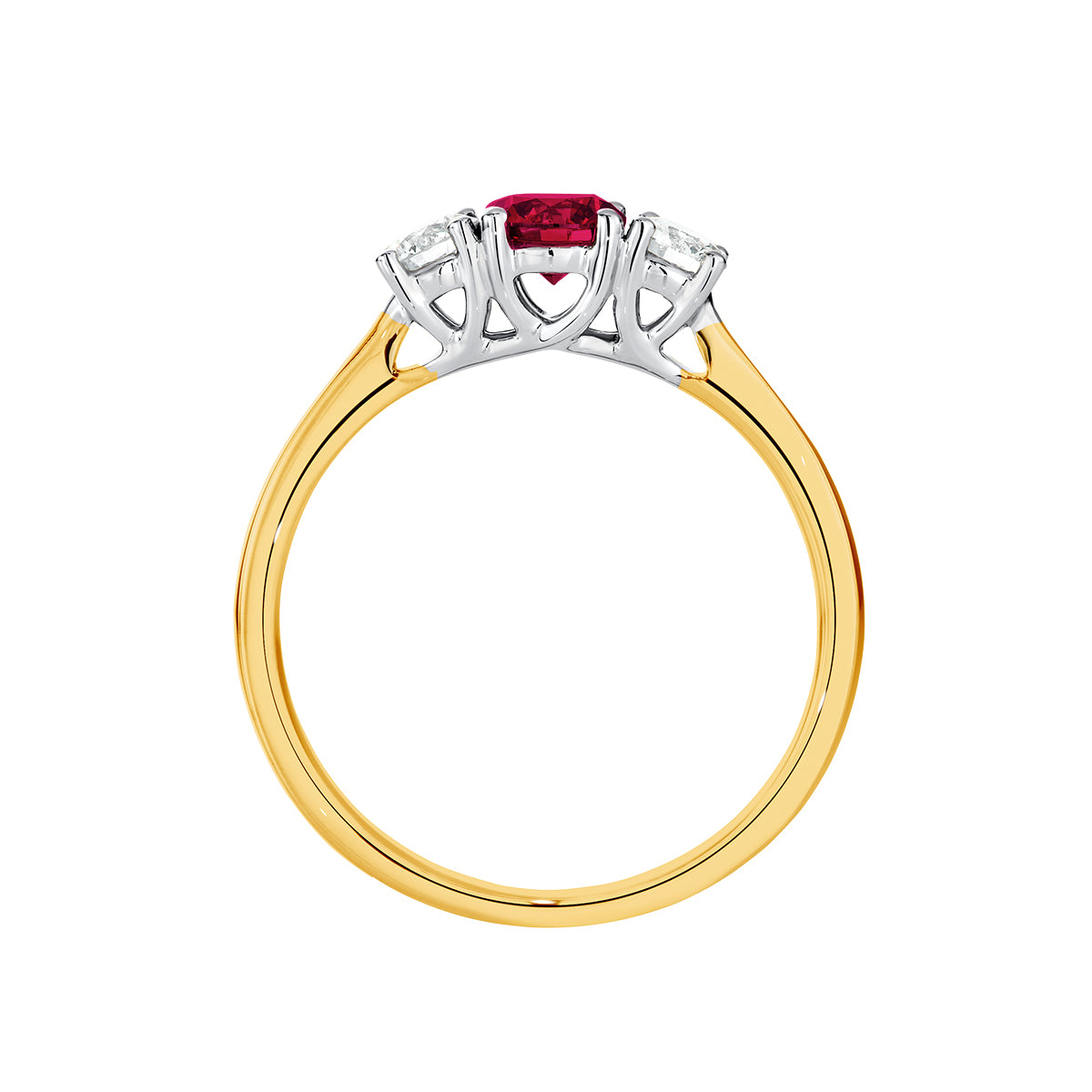 Natural 0.55ct round ruby and 0.32ct diamond trilogy ring in 18ct yellow and white gold