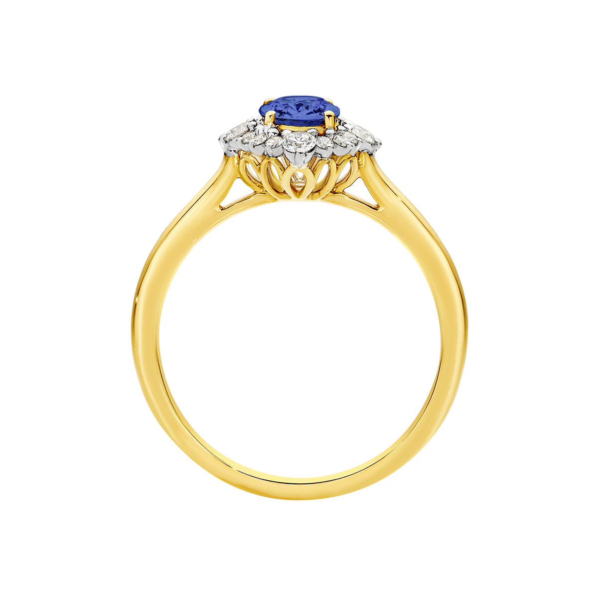 Natural 0.90ct oval Ceylon Sapphire & 0.28ct diamond Sunrise ring in 9ct yellow and white gold.