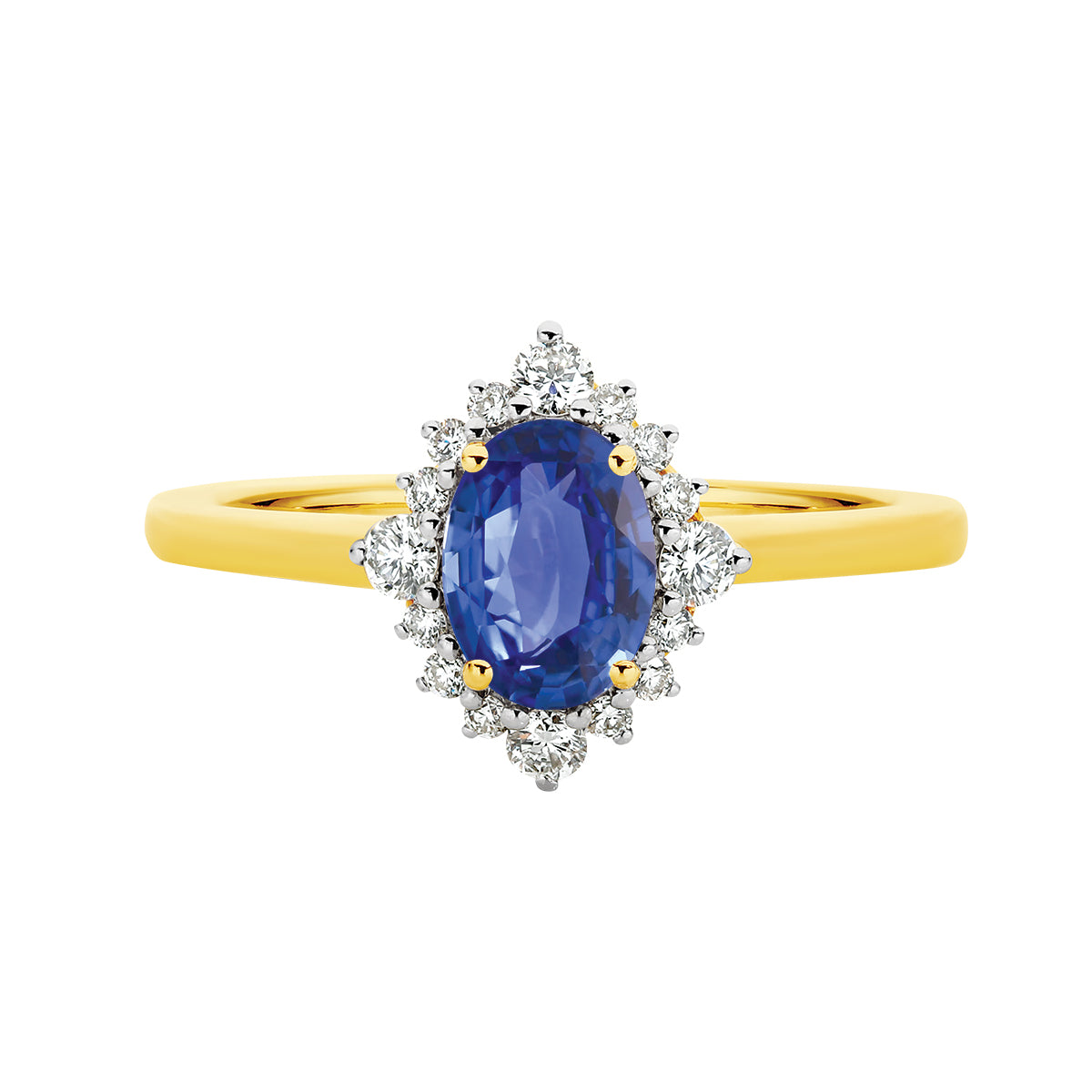 Natural 0.90ct oval Ceylon Sapphire & 0.28ct diamond Sunrise ring in 9ct yellow and white gold.