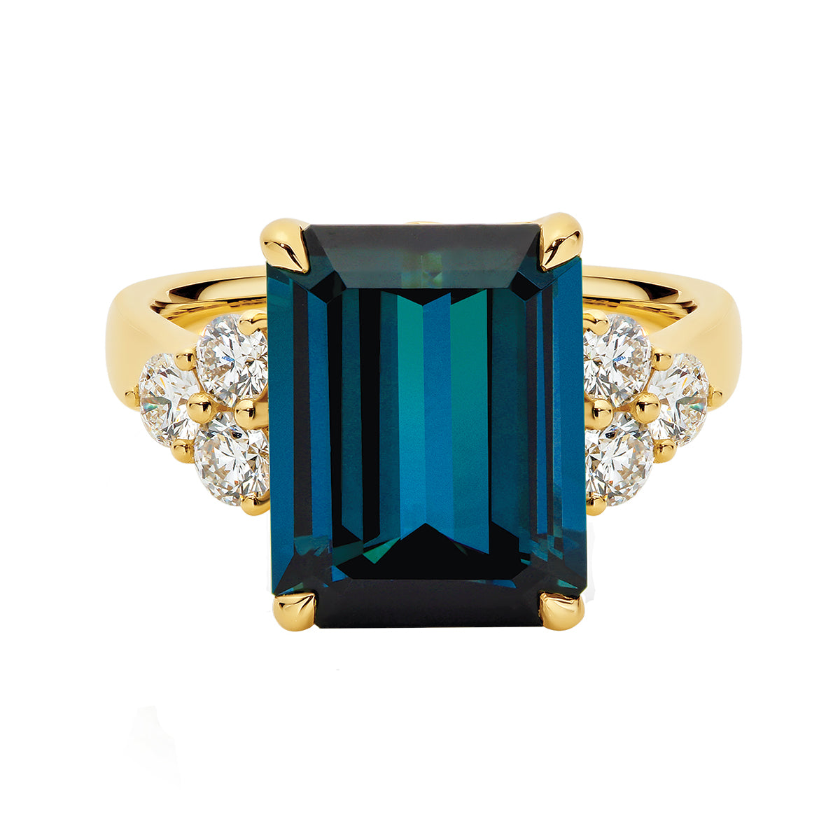 Natural 7.00ct emerald cut London Blue Topaz & 0.66ct diamond Markle ring in 18ct yellow gold