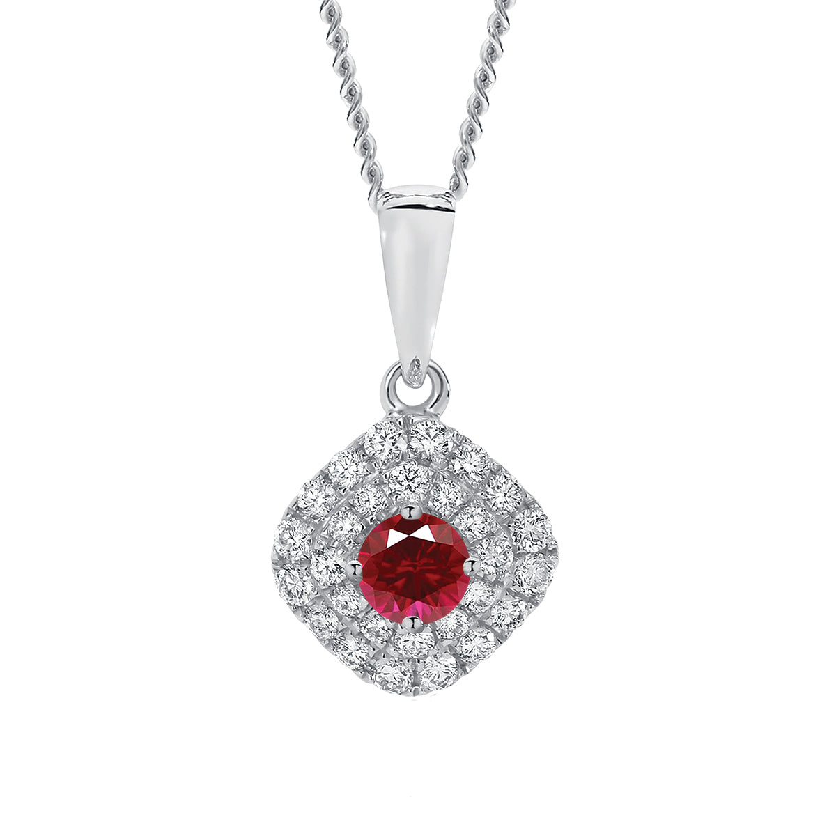 Natural 0.18ct round ruby and 0.16ct diamond halo pendant in 18ct white gold