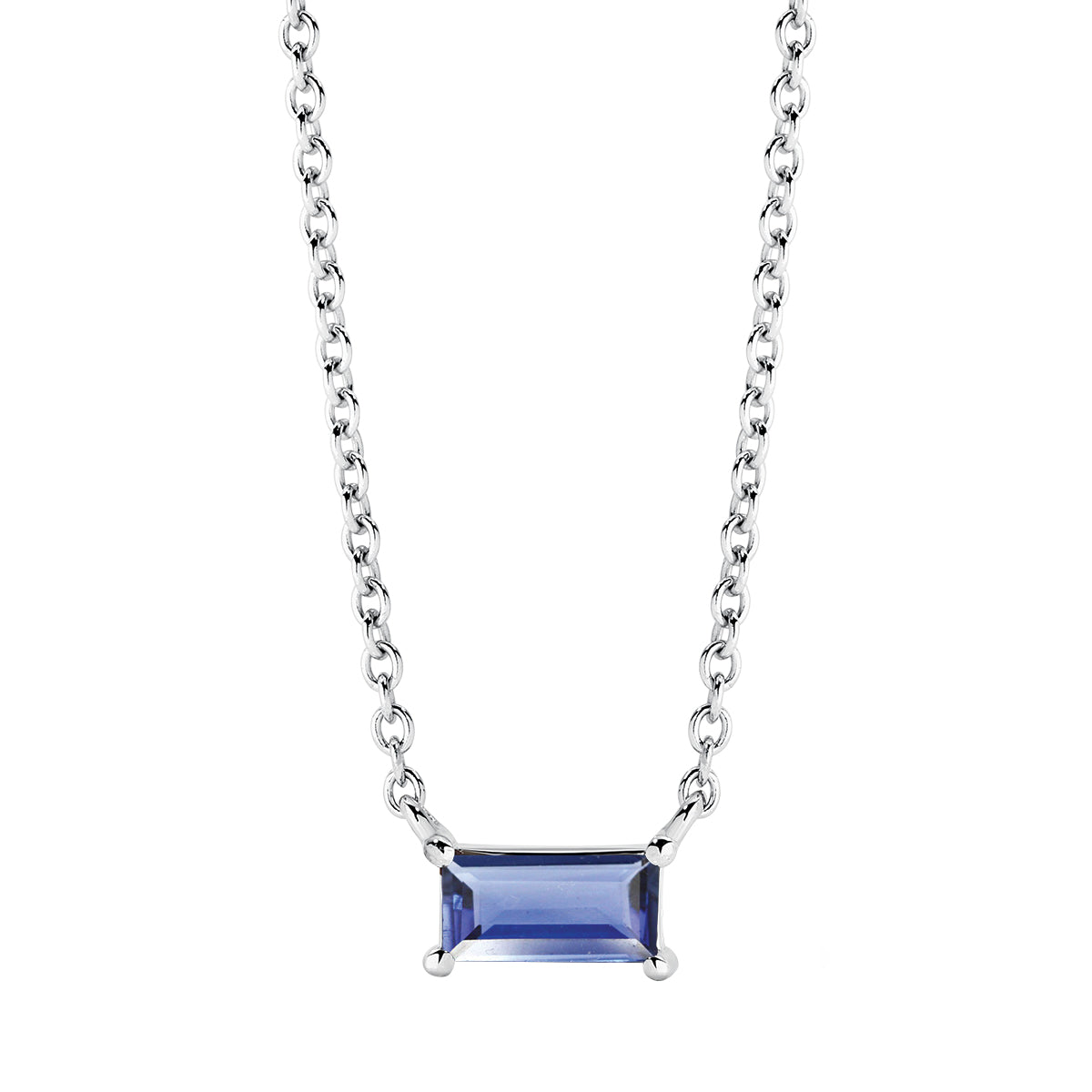 Natural 6x3mm baguette cut sapphire pendant in 9ct whtie gold with white gold chain