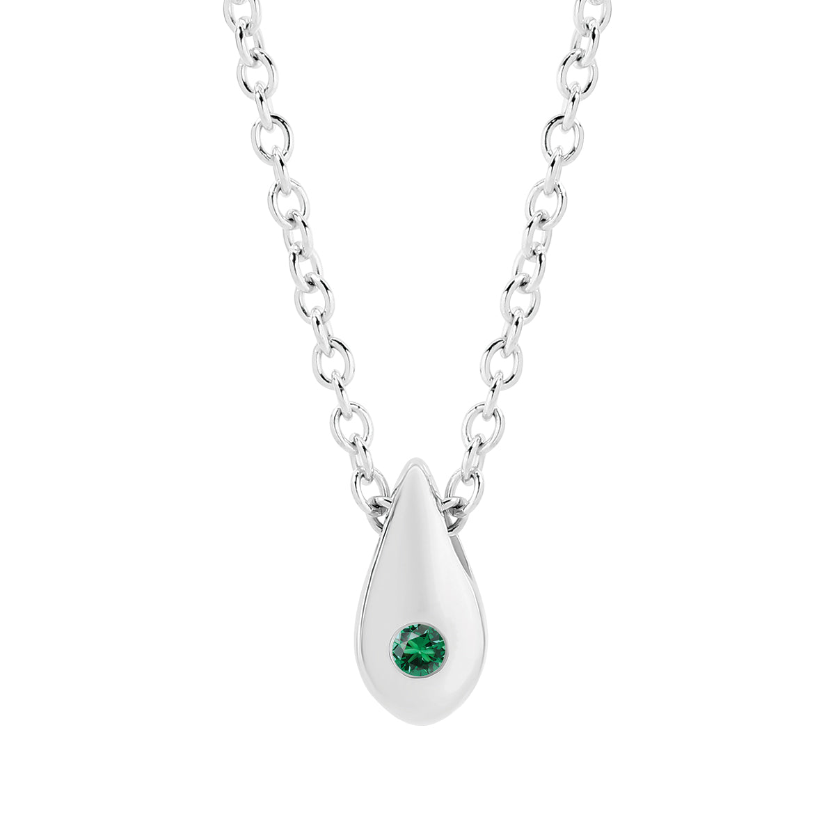 Natural 0.03ct round emerald droplet pendant in 9ct white gold