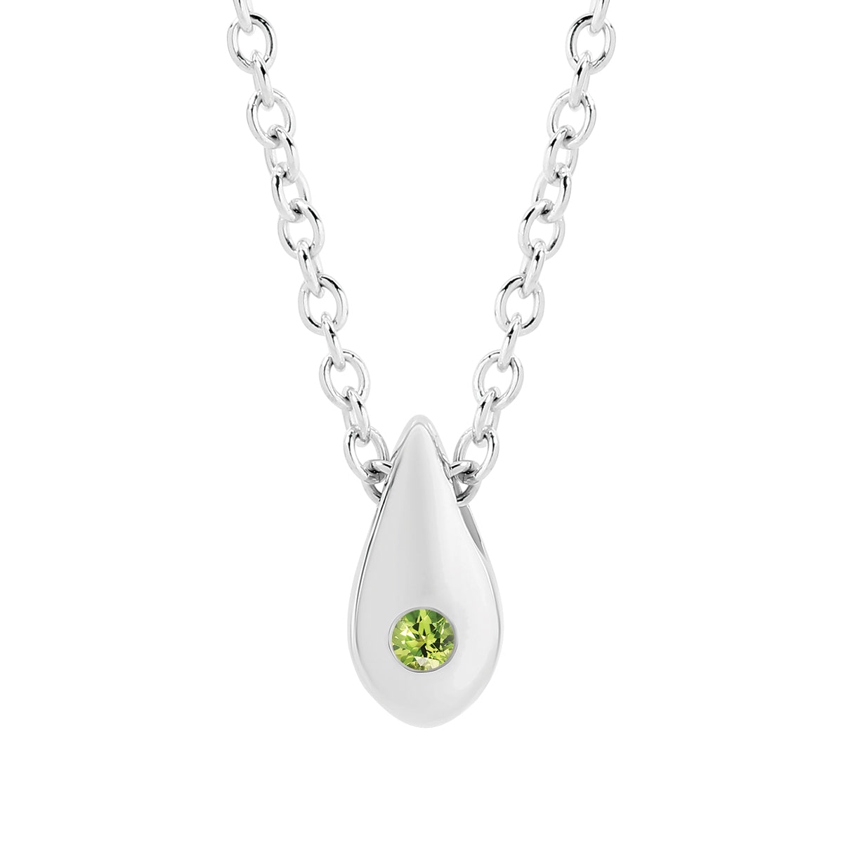 Natural 0.03ct round peridot droplet pendant in 9ct white gold