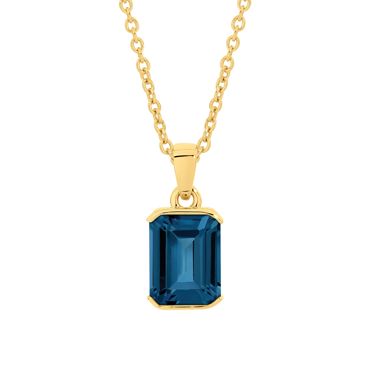 Natural 2.00ct emerald cut London Blue Topaz pendant in 18ct yellow gold