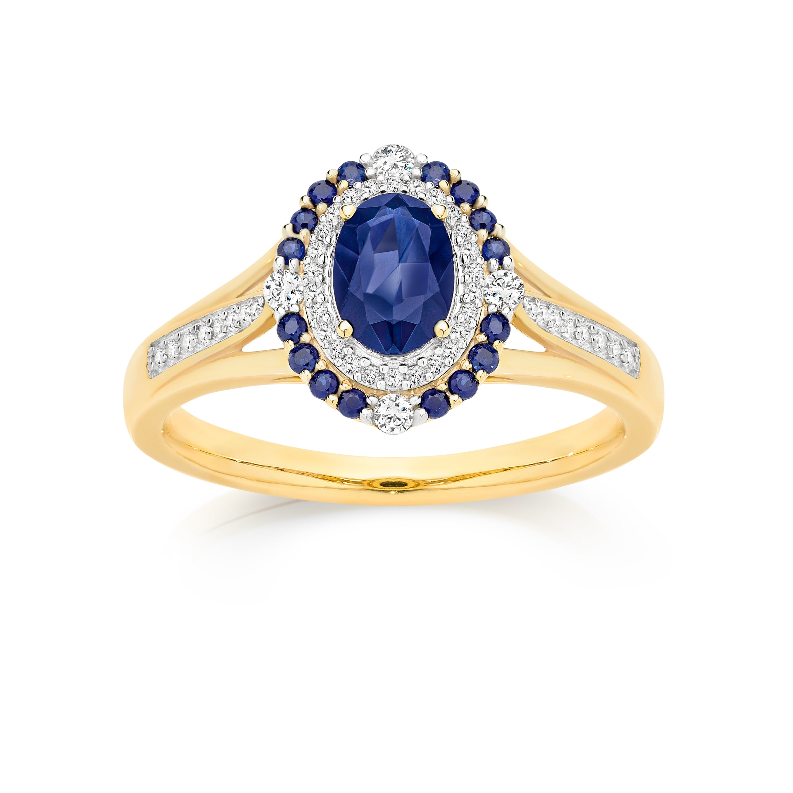 9ct oval blue sapphire vintage inspired ring with 0.20ct of diamonds