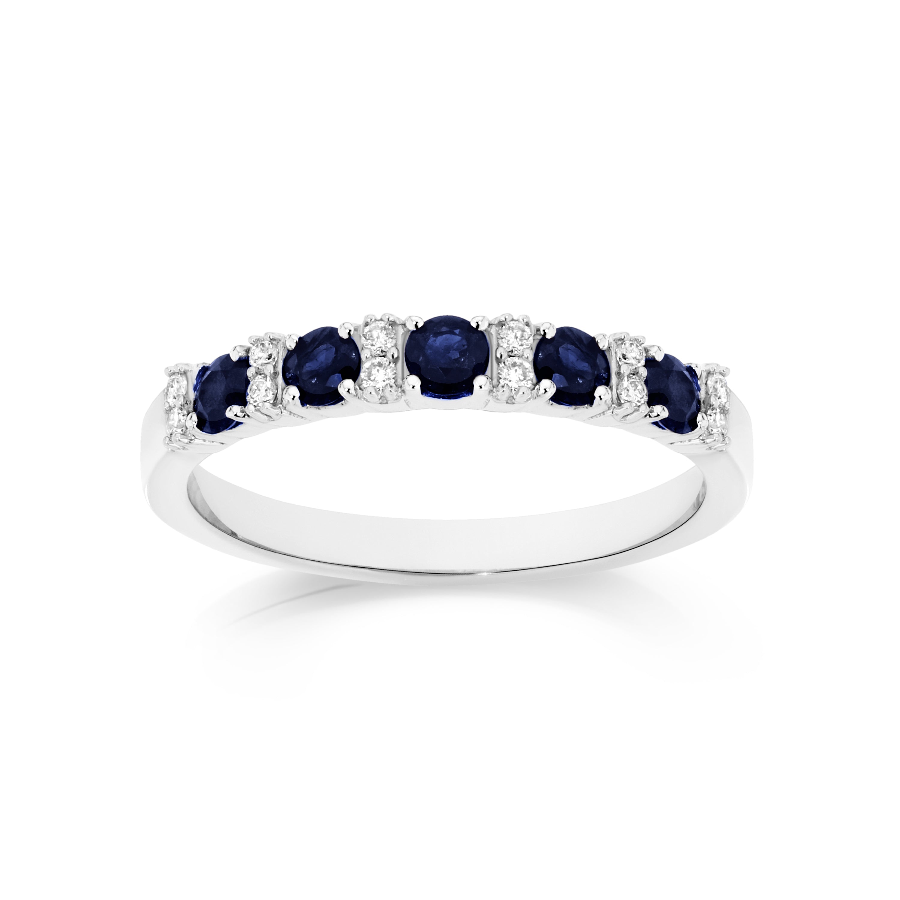 9ct white gold blue sapphire anniversary ring with 0.10ct of diamonds