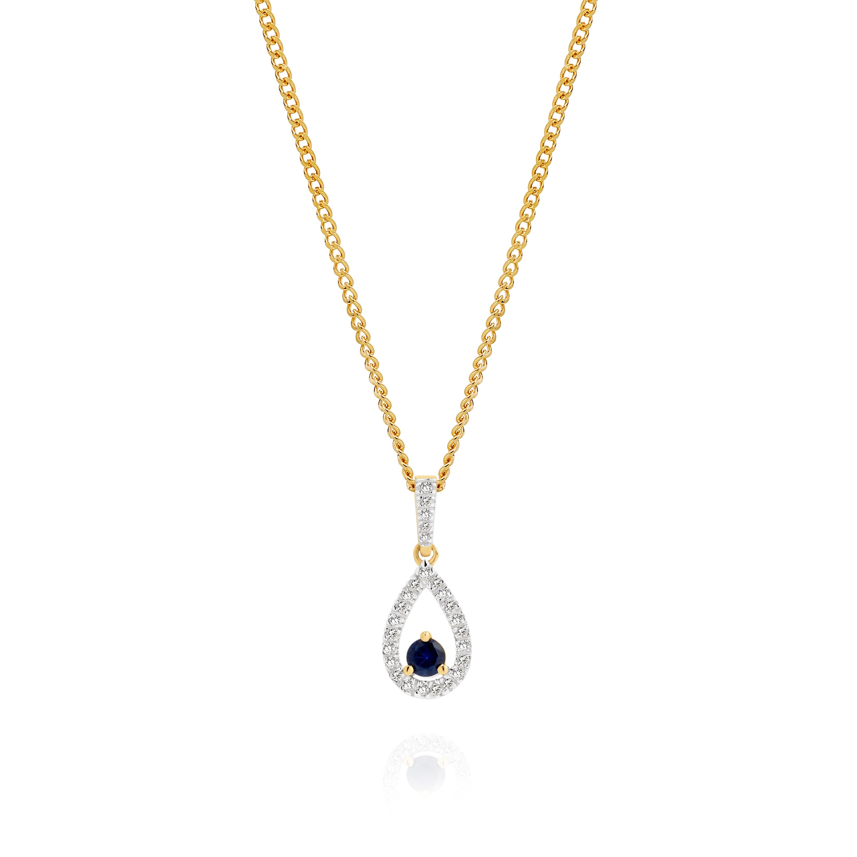 9ct blue sapphire & 0.10ct diamond teardrop pendant