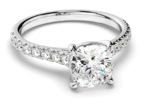 Cushion Cut Diamond Solitaire Engagement Ring With Diamond Sides