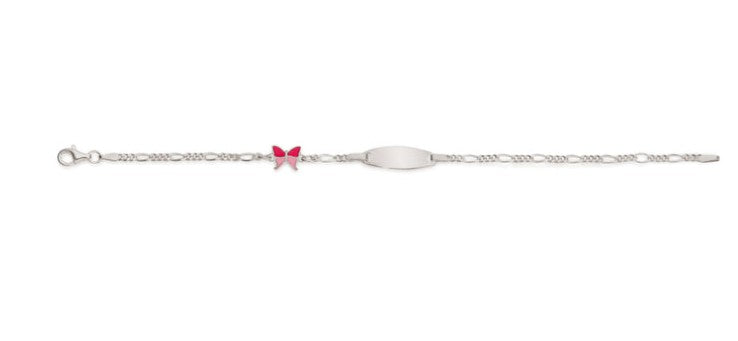 Silver figaro engravable pink butterfly ID bracelet