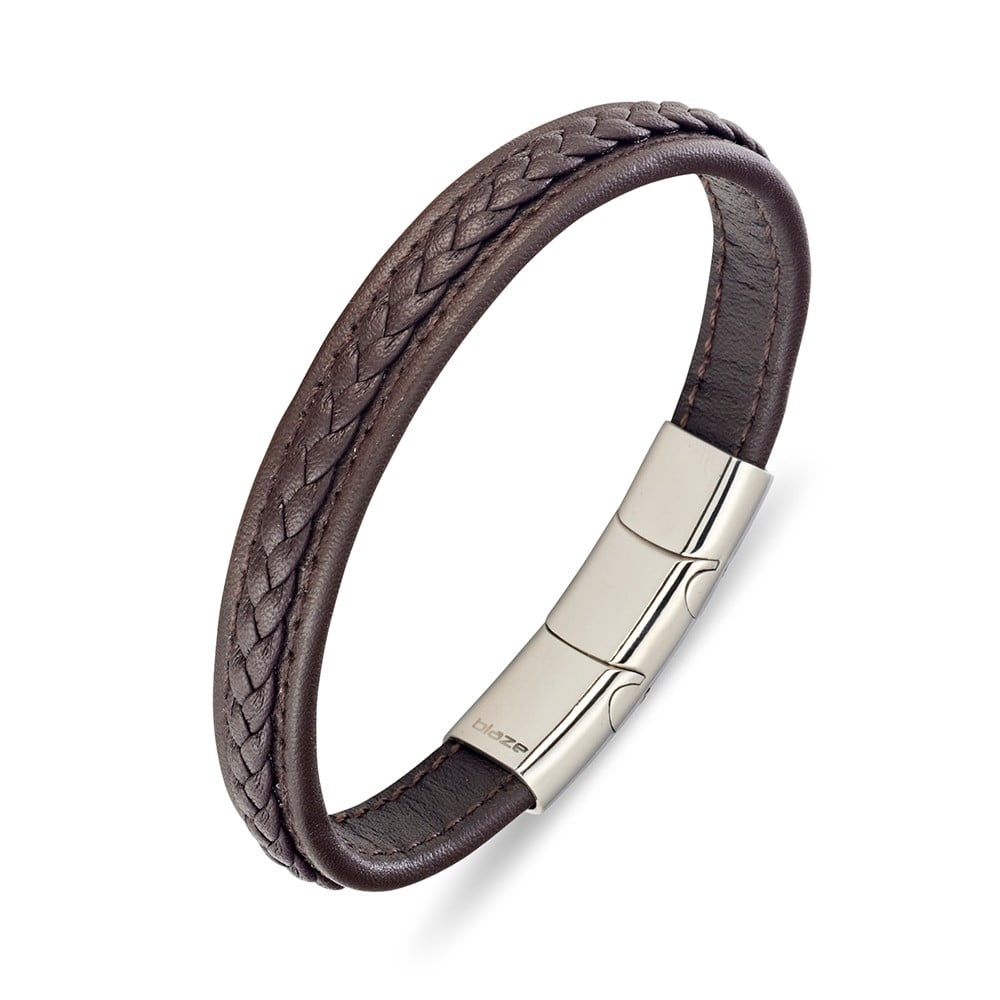 Brown Leather bangle, Stainless steel