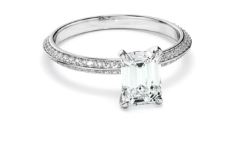 Emerald Cut Diamond Knife Edge Engagement Ring With Diamond Pave Sides