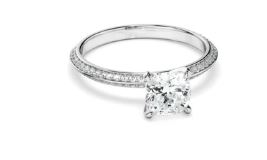 Cushion Cut Diamond Knife Edge Engagement Ring With Diamond Pave Sides