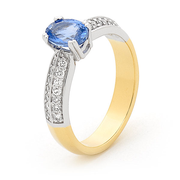 18ct Gold Ceylon Sapphire & Diamond Claw/Bead Set Dress Ring