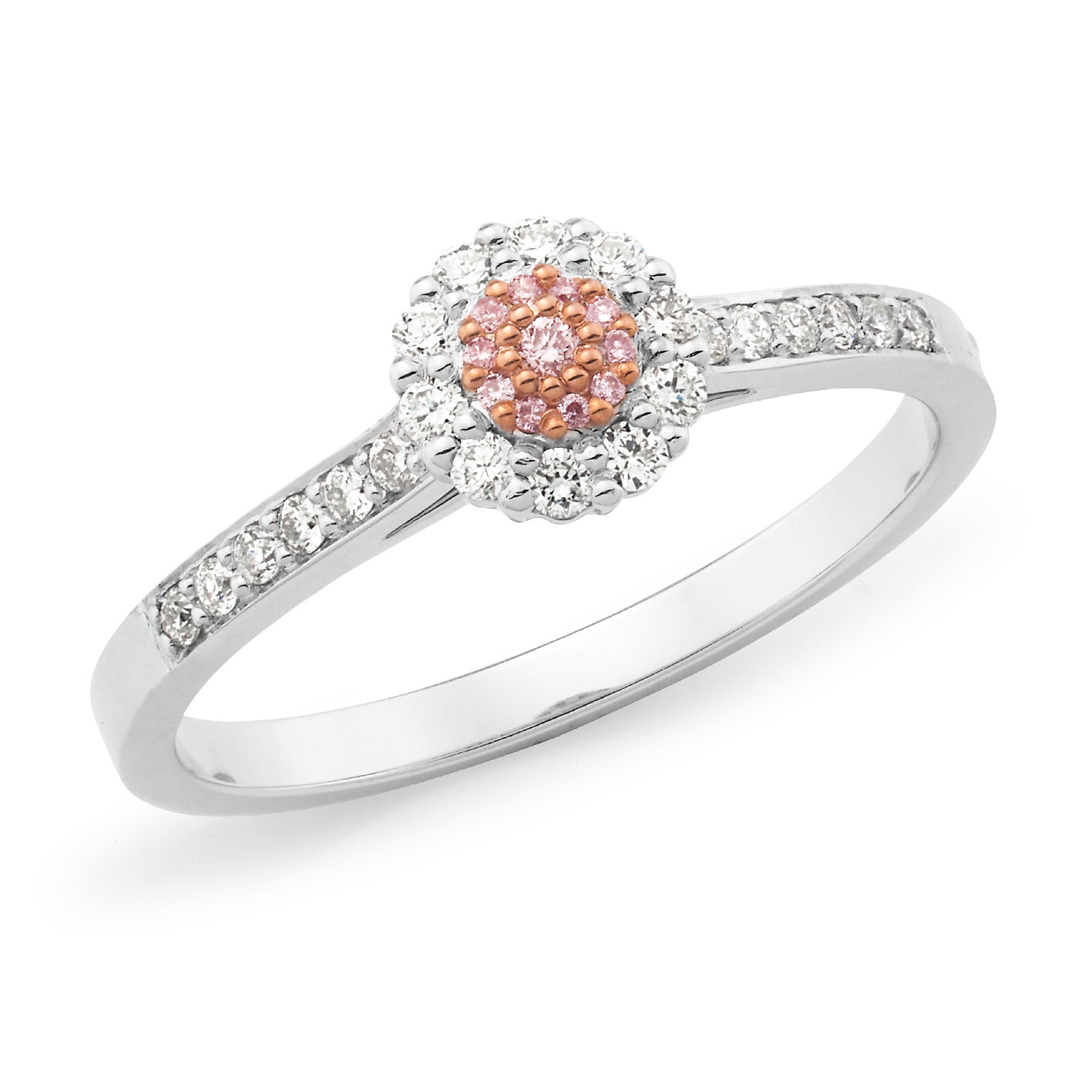9ct White Gold Diamond Claw/Bead Set Ring, Pink Caviar