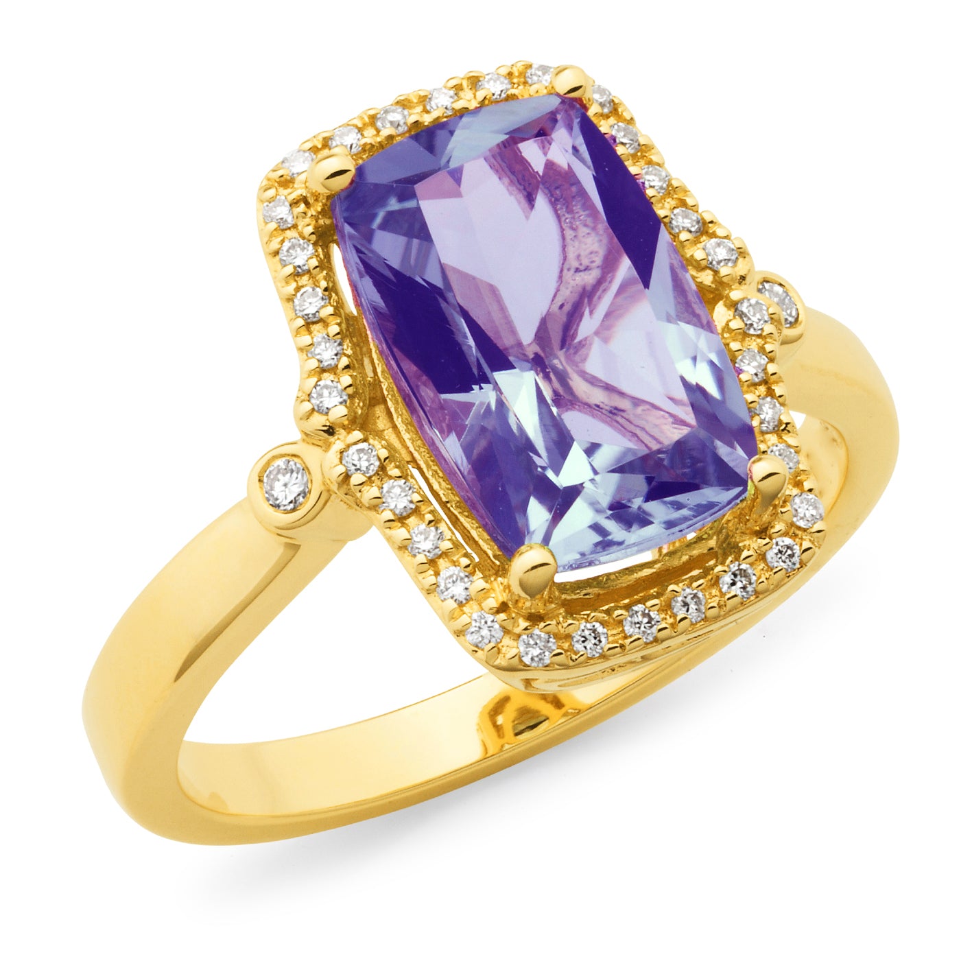 9ct Gold Amethyst & Diamond Claw/Bead Set Dress Ring