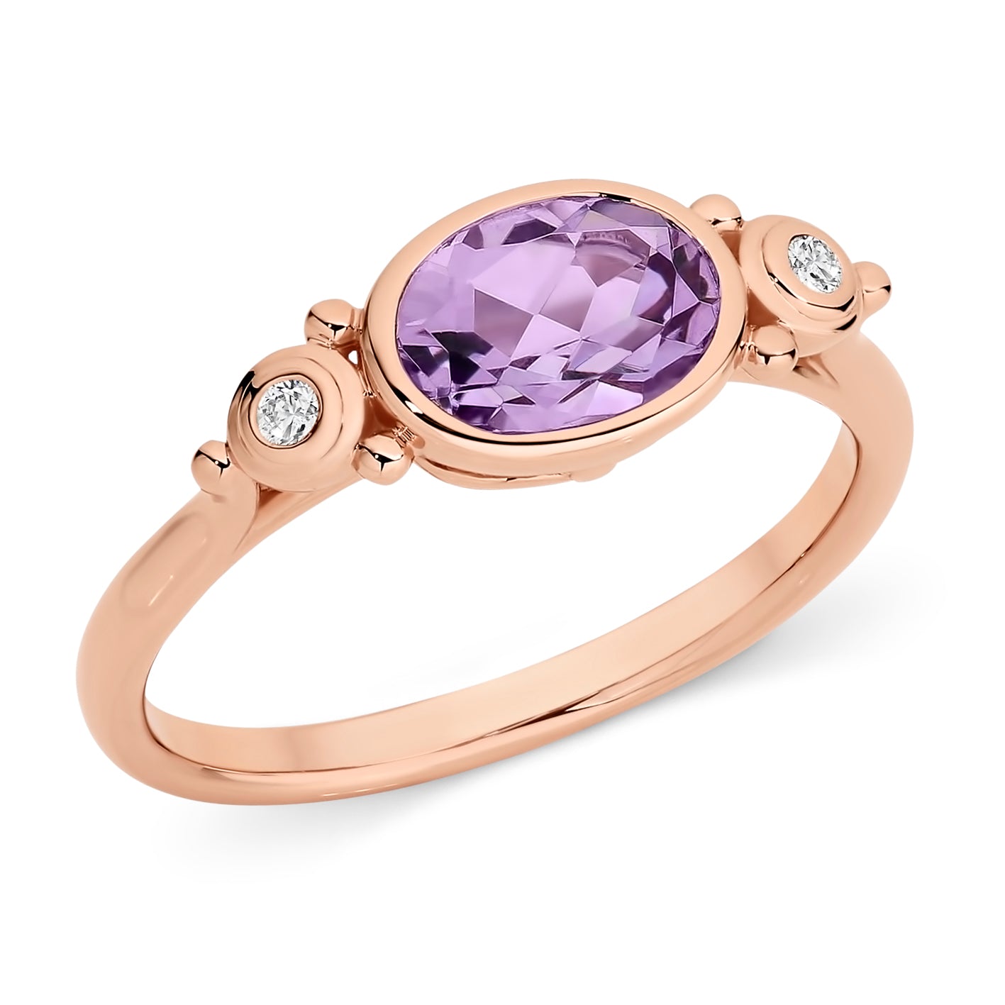 9ct Rose Gold Pink Amethyst & Diamond Bezel Set Dress Ring