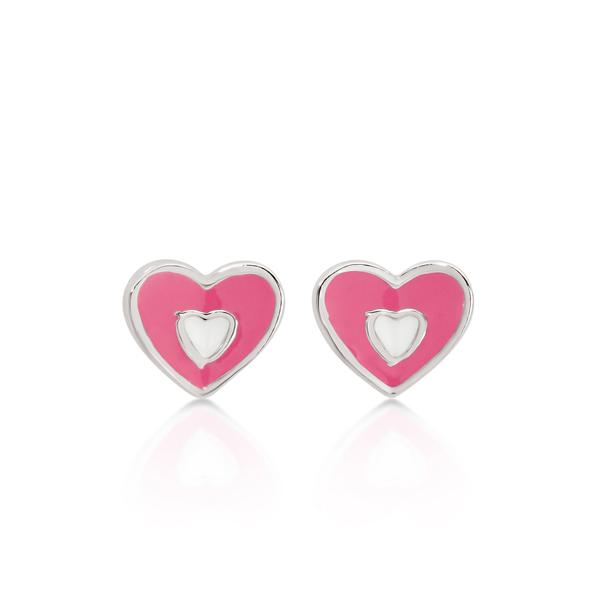 Silver pink & white heart studs