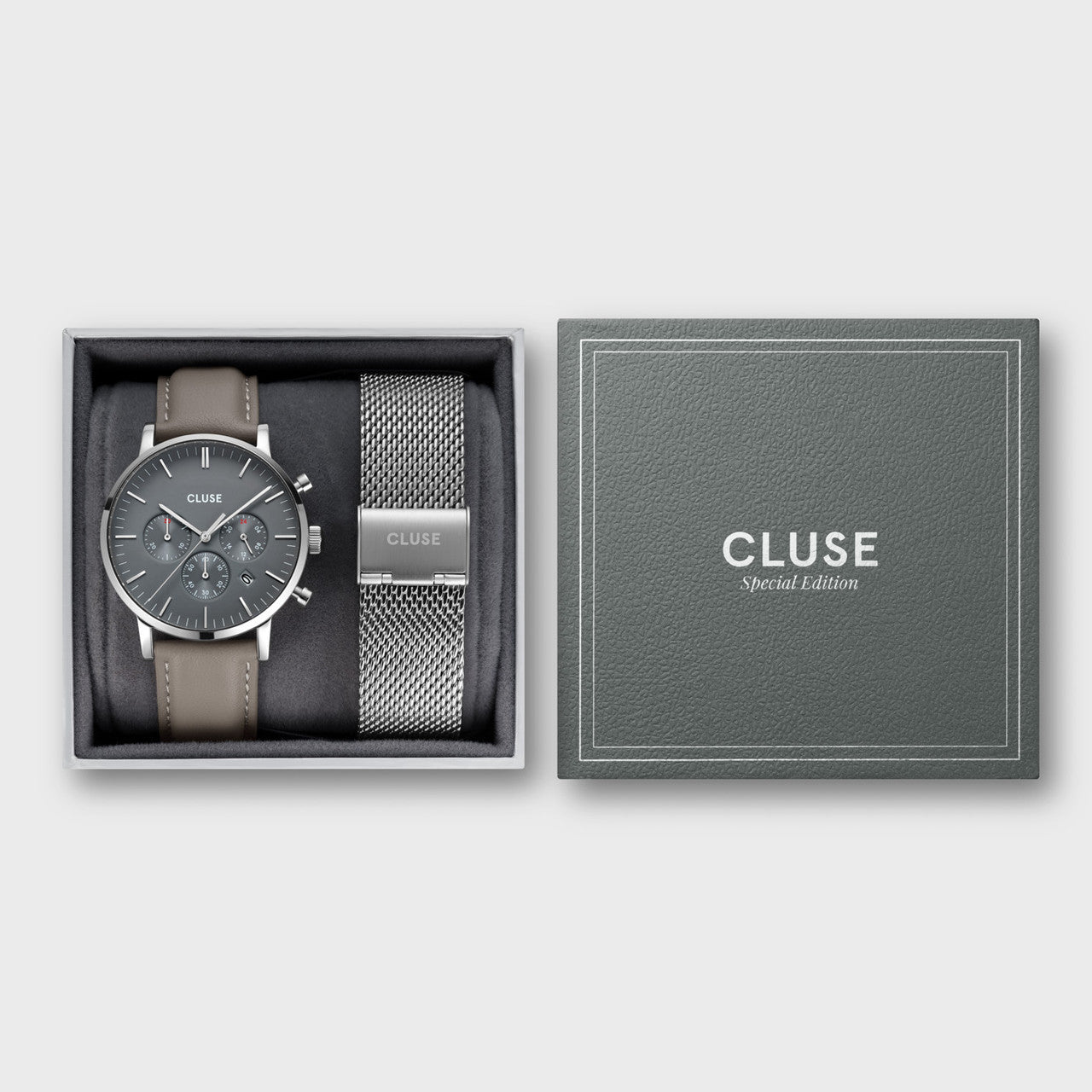 CLUSE Gift Set Aravis Grey Leather and Silver Mesh Strap