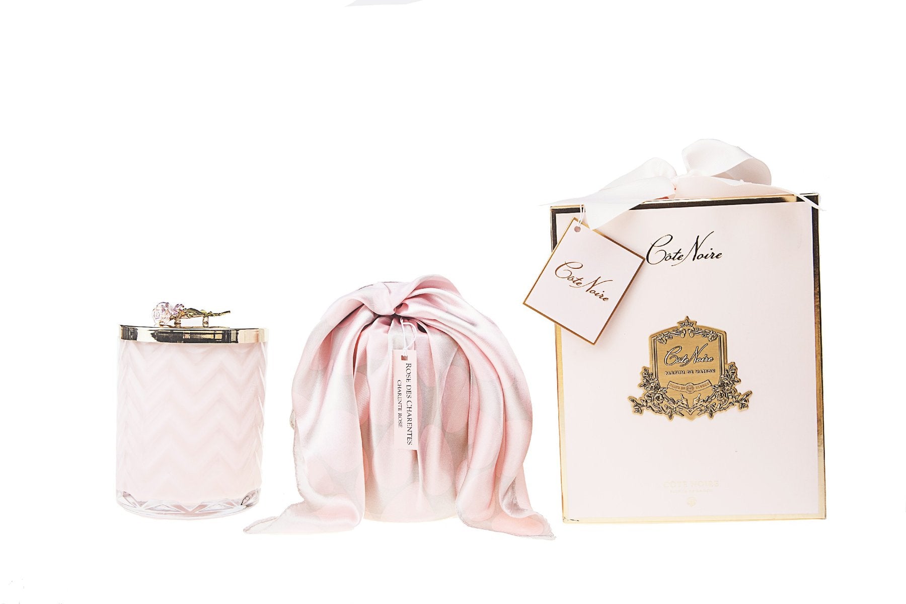 COTE NOIRE Herringbone Candle with Scarf - Pink Rose Lid