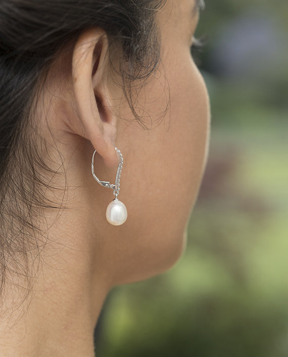 Sterling Silver Drop Freshwater Pearl CZ Hook Clip Earrings