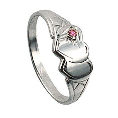 Silver Double Heart Signet Ring with Pink Cz