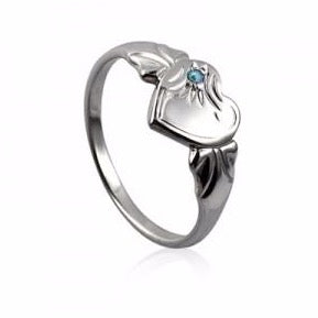 Silver Heart Signet Ring with Aquamarine