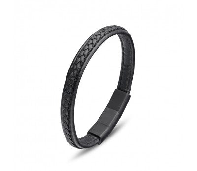 Black leather bangle, Stainless steel