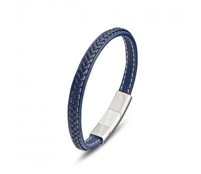 Blue leather bangle, Stainless steel