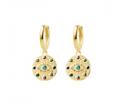 Gold sterling silver evil eye charm huggie earring with multi-colour stone detail