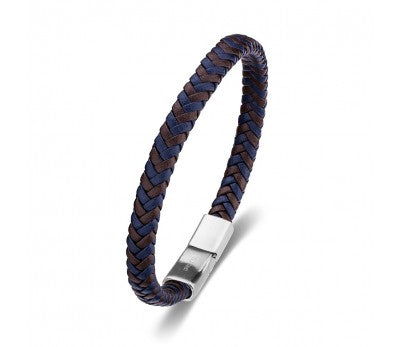 BLAZE Stainless steel men's brown and blue leather braid bracelet