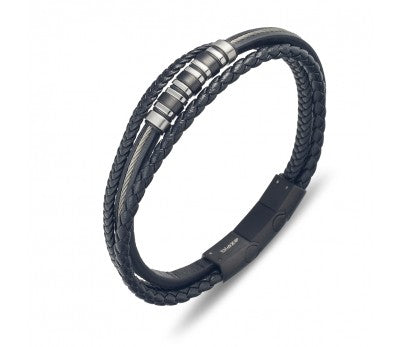 BLAZE stainless steel men's black leather triple bangle with steel details