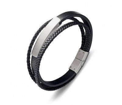 BLAZE stainless steel men's black leather triple bangle with steel detailing